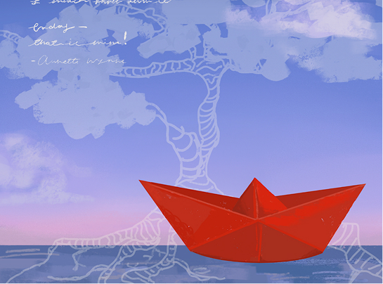 Red paper boat on blue water